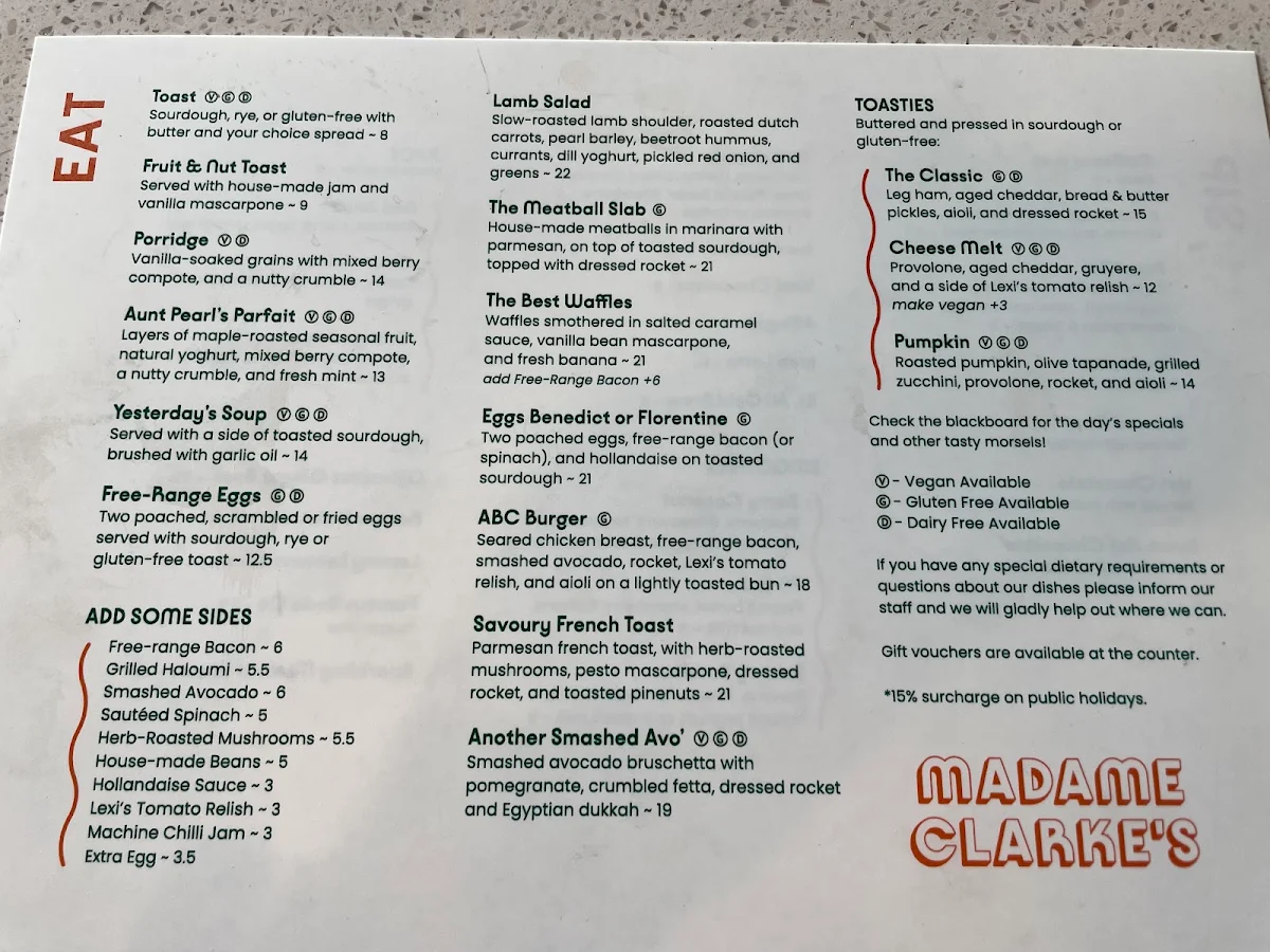 Menu, Madame Clarke’s