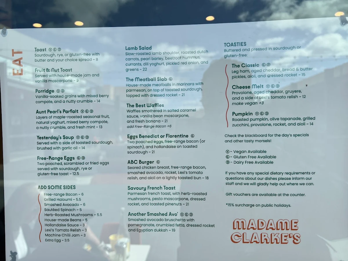 Menu, Madame Clarke’s