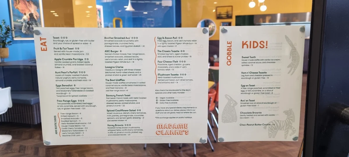 Menu, Madame Clarke’s