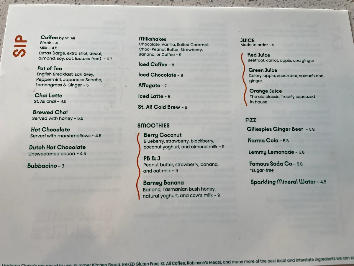 Menu, Madame Clarke’s