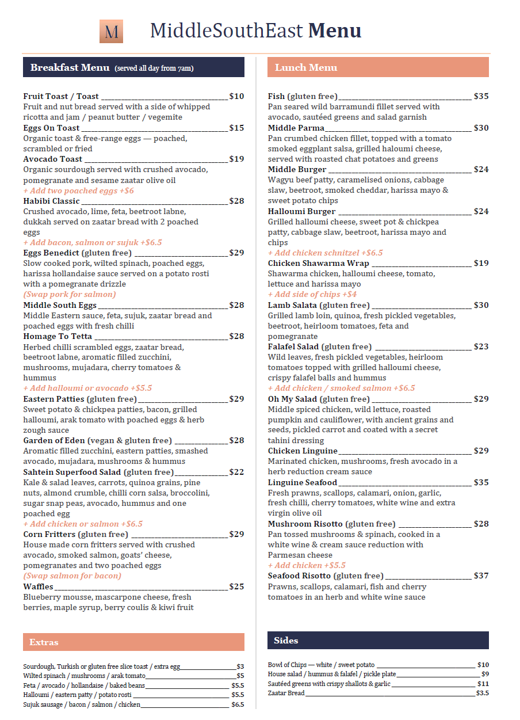 Menu, MiddleSouthEast
