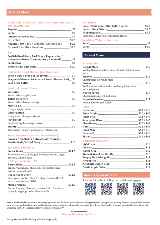 Menu, MiddleSouthEast