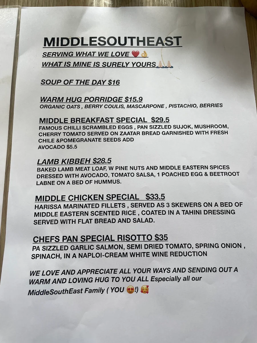 Menu, MiddleSouthEast