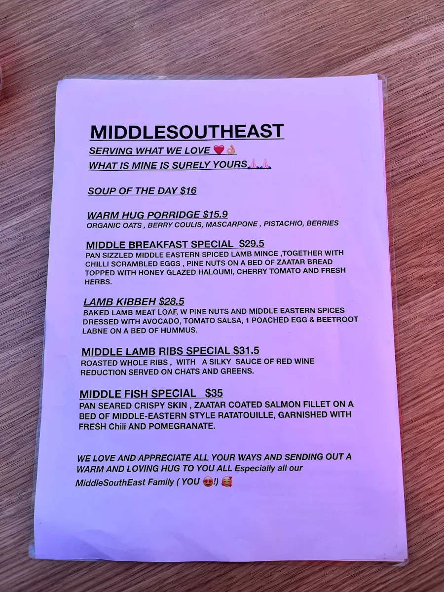 Menu, MiddleSouthEast