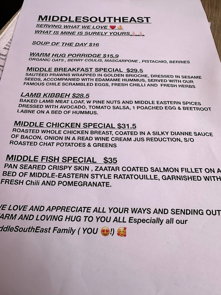 Menu, MiddleSouthEast