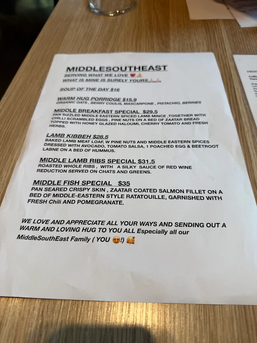 Menu, MiddleSouthEast
