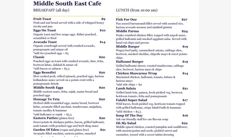 Menu, MiddleSouthEast