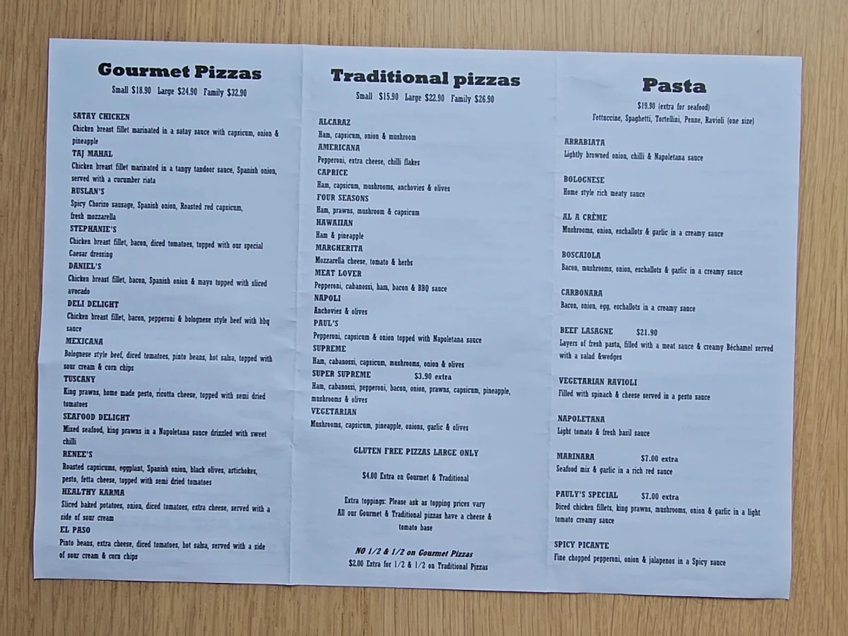 Menu, Pauly's Gourmet Kitchen