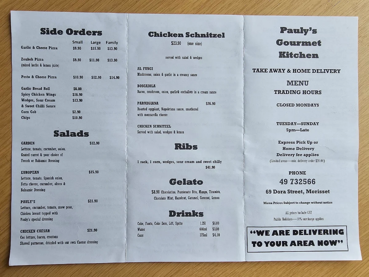 Menu, Pauly's Gourmet Kitchen