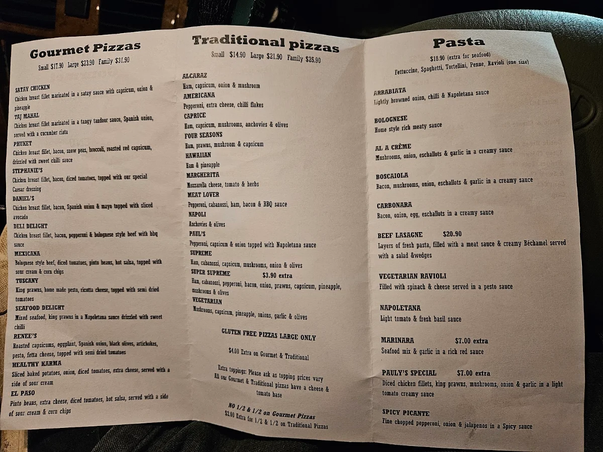 Menu, Pauly's Gourmet Kitchen