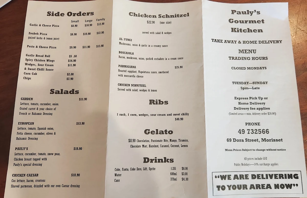 Menu, Pauly's Gourmet Kitchen