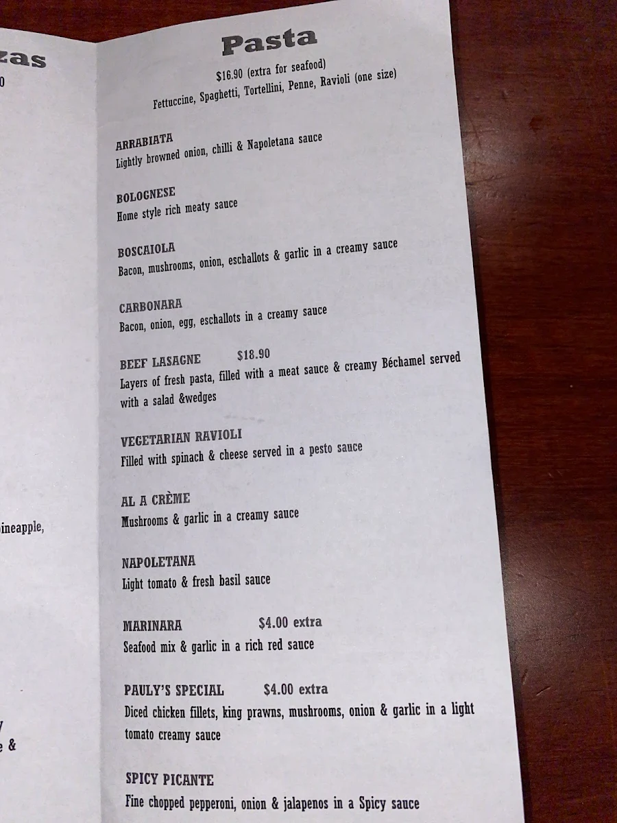 Menu, Pauly's Gourmet Kitchen