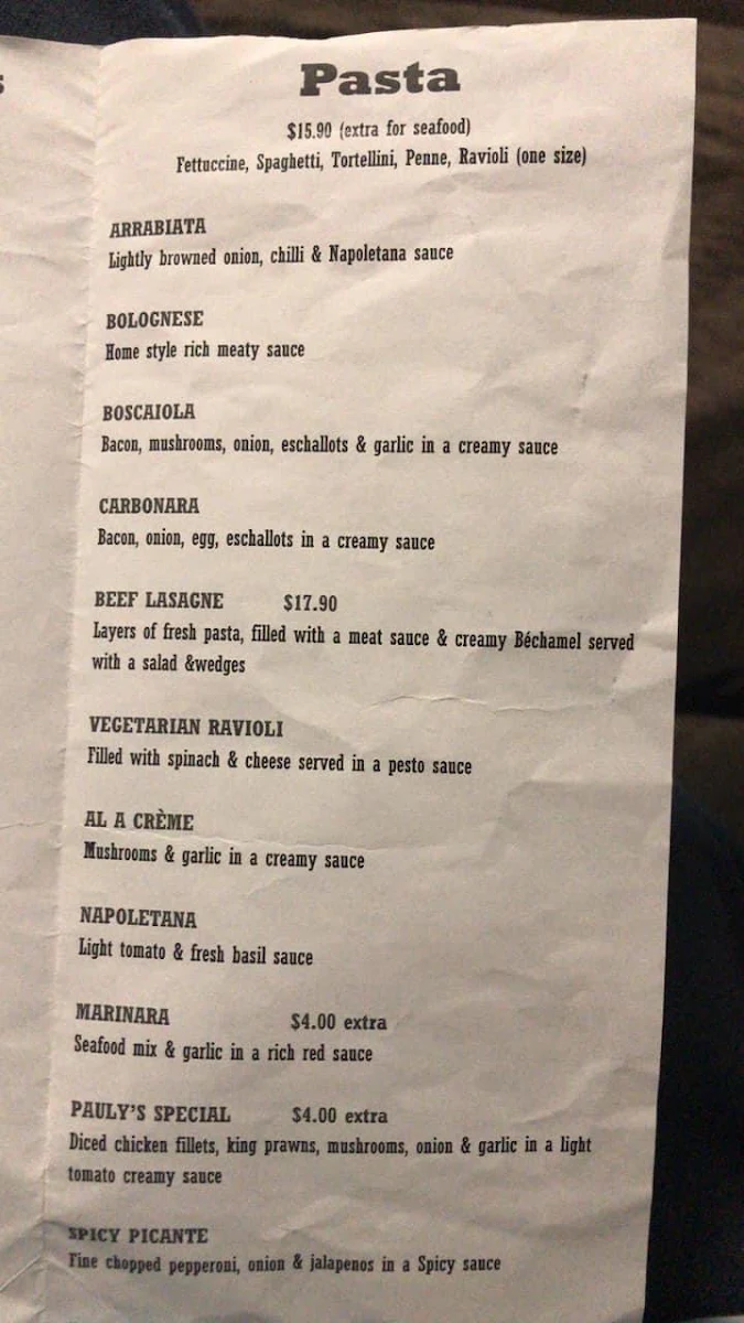 Menu, Pauly's Gourmet Kitchen