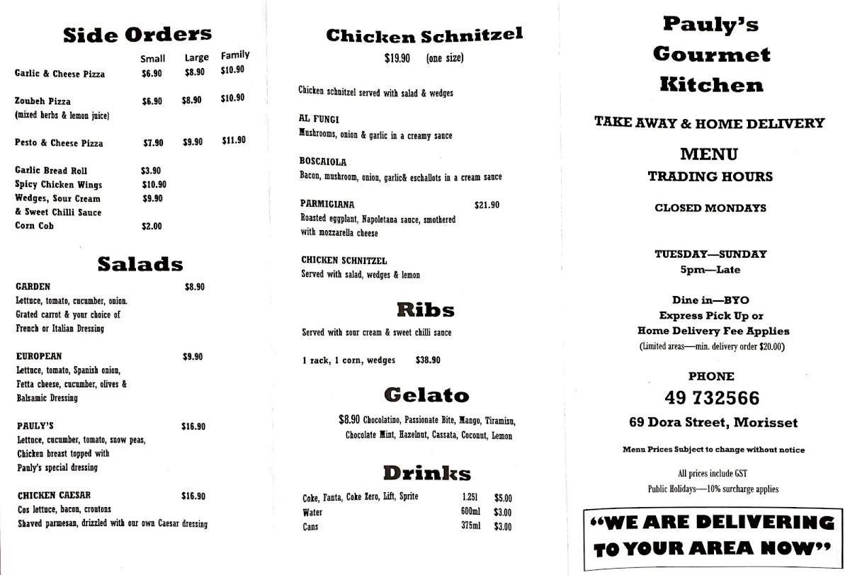 Menu, Pauly's Gourmet Kitchen