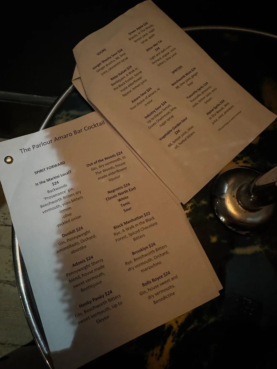 Menu, The Parlour Amaro Bar