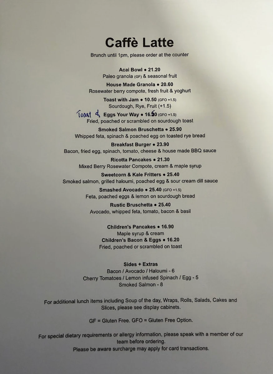 Menu, Caffé Latte Nedlands