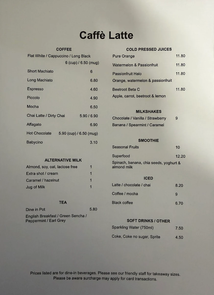 Menu, Caffé Latte Nedlands