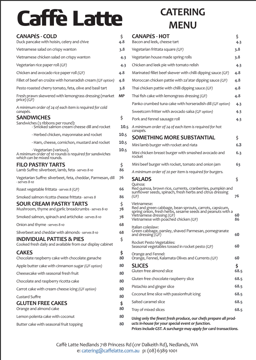 Menu, Caffé Latte Nedlands
