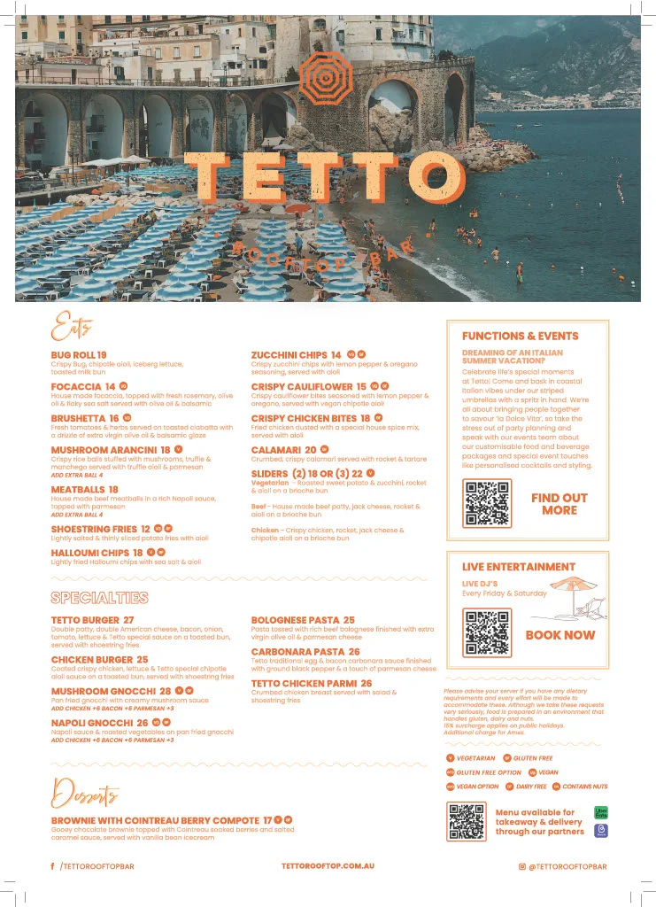 Menu, Tetto Rooftop Bar