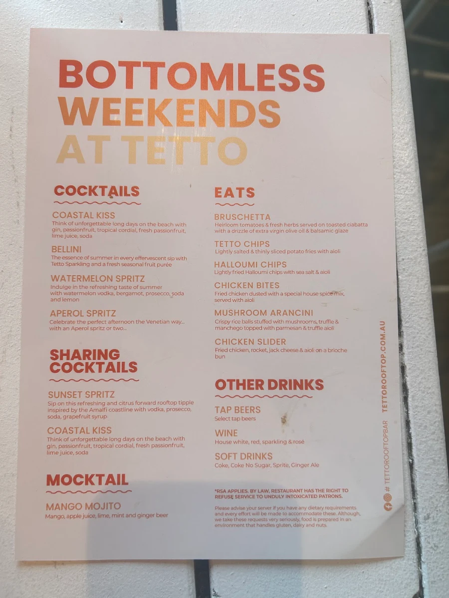 Menu, Tetto Rooftop Bar