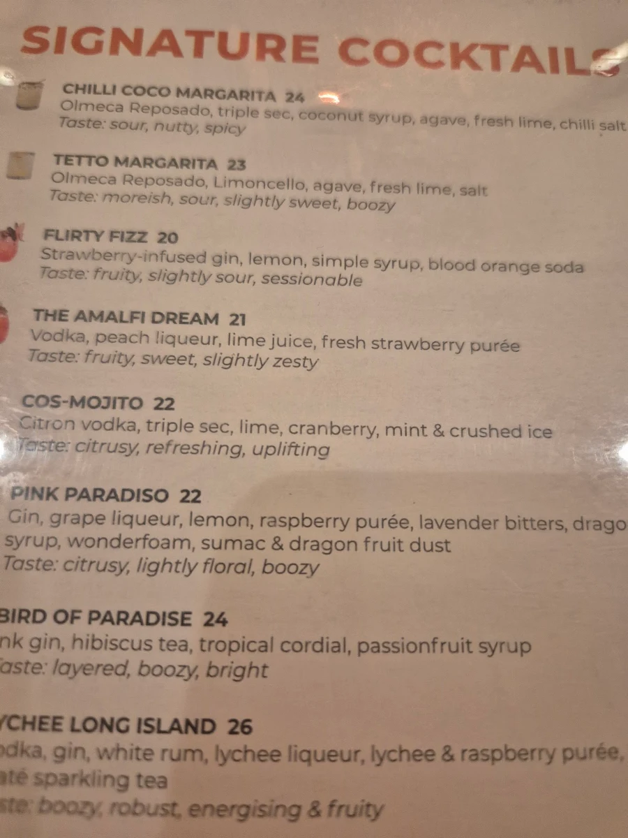 Menu, Tetto Rooftop Bar