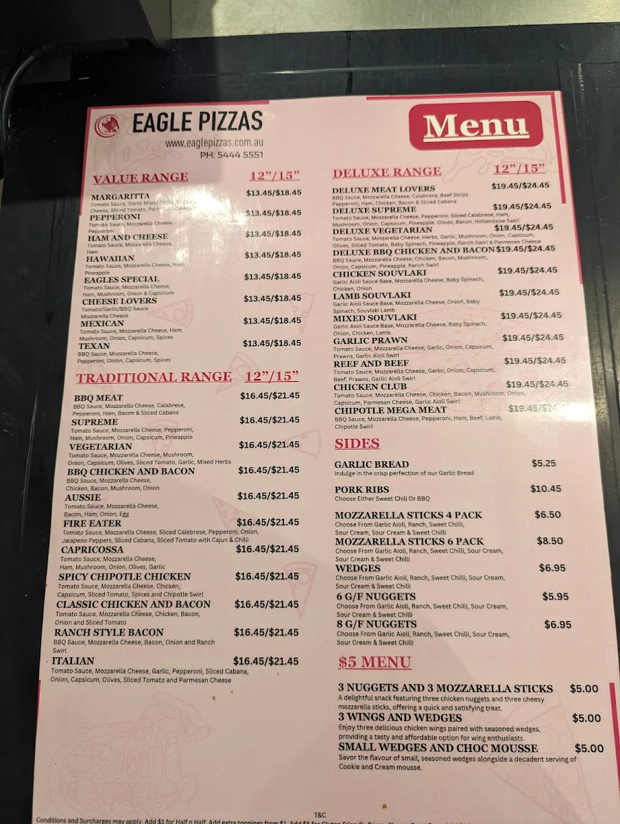 Menu, Eagle Pizzas Golden Square