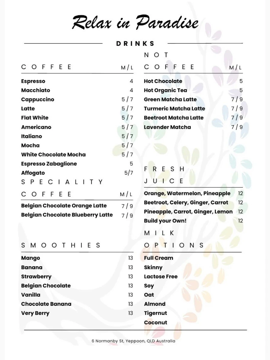 Menu, Relax in Paradise