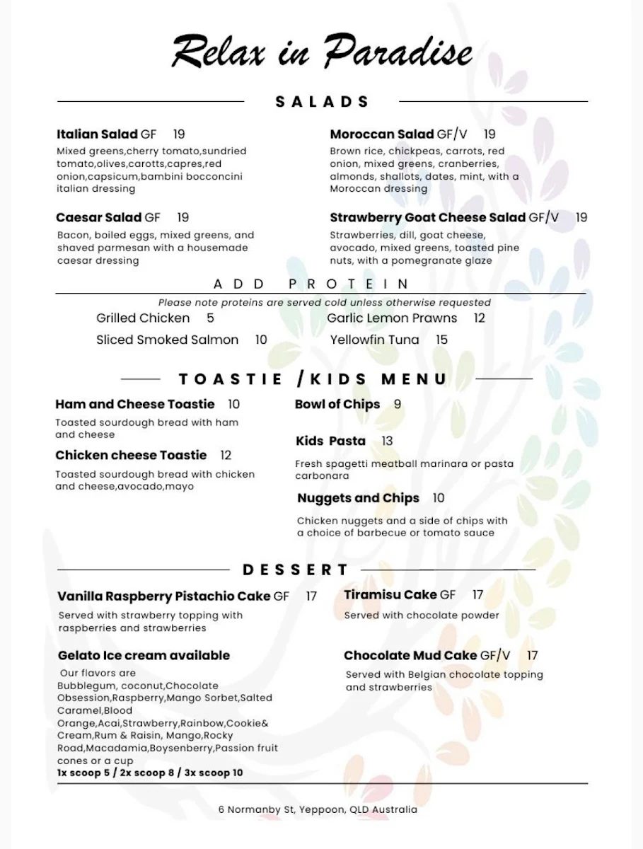 Menu, Relax in Paradise