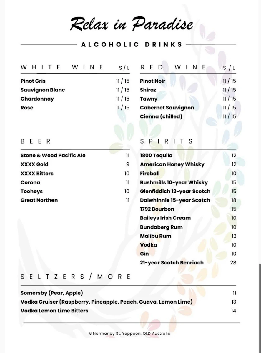 Menu, Relax in Paradise