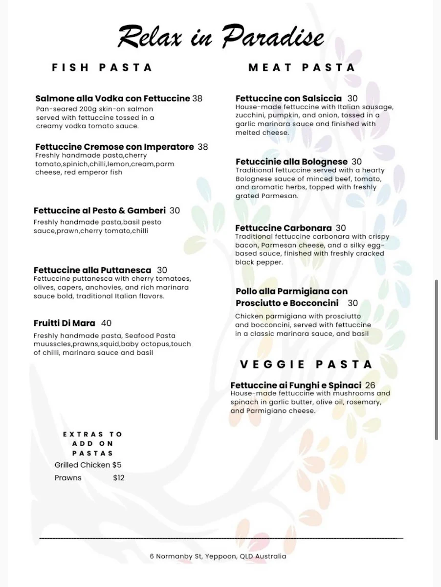 Menu, Relax in Paradise