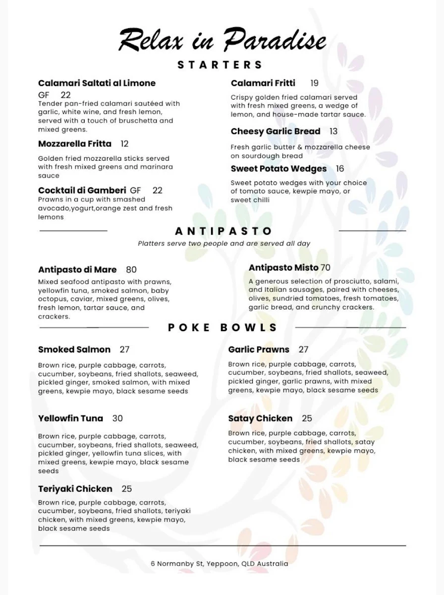Menu, Relax in Paradise