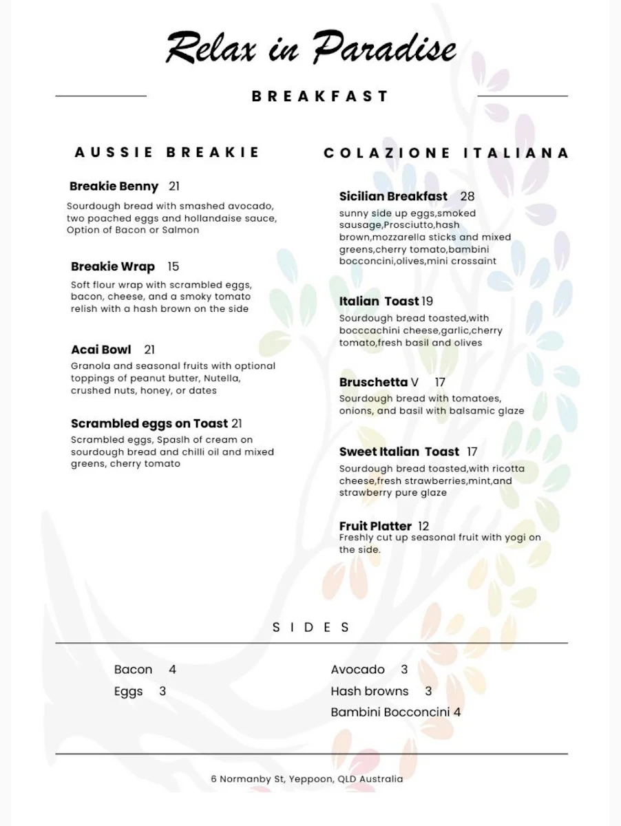 Menu, Relax in Paradise