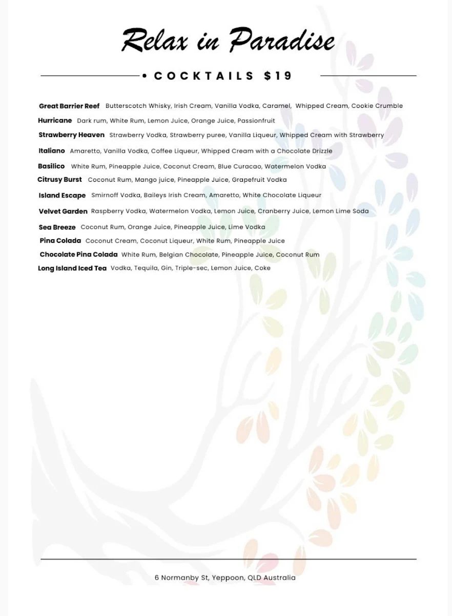Menu, Relax in Paradise
