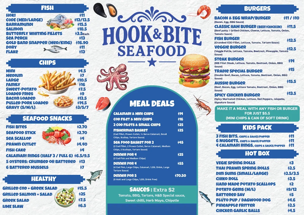 Menu, Hook and Bite seafood