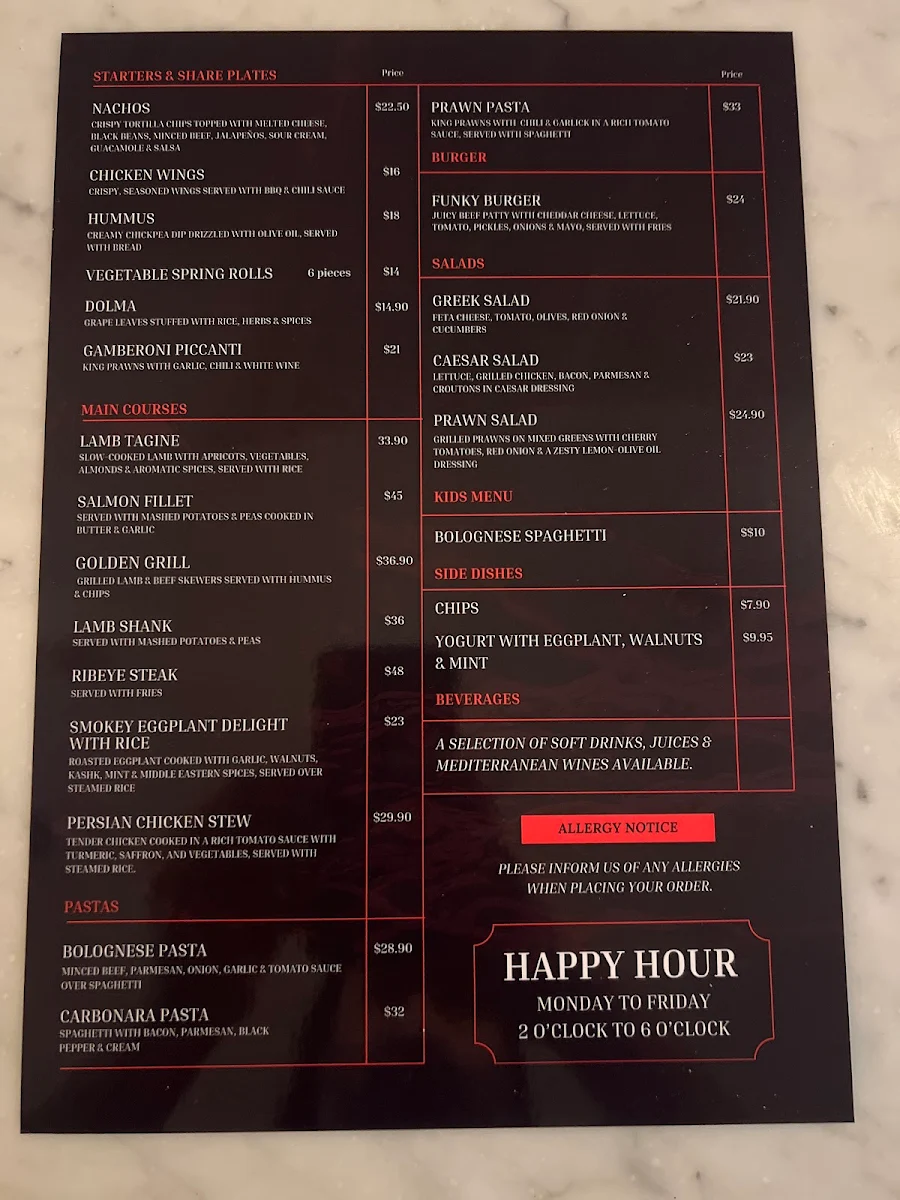 Menu, South Bar And Restaurant
