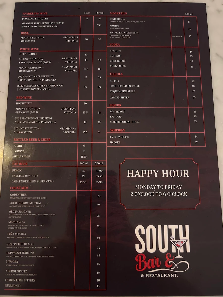 Menu, South Bar And Restaurant