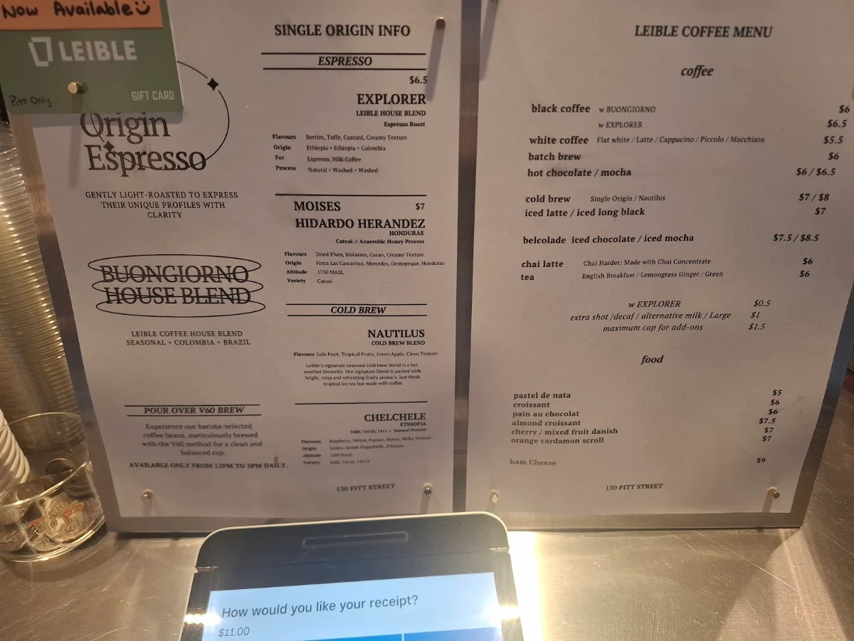 Menu, Leible Coffee Pitt St