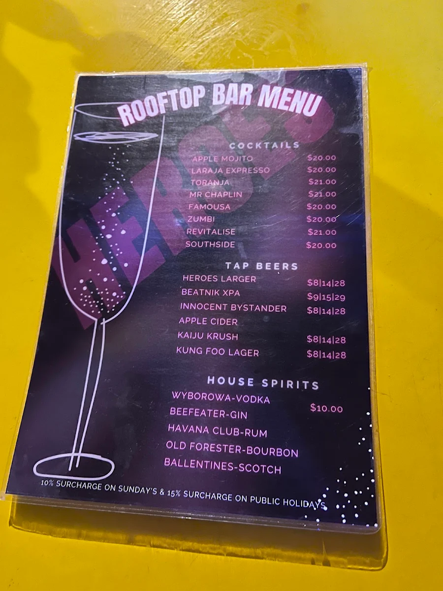 Menu, Heroes Bar Melbourne
