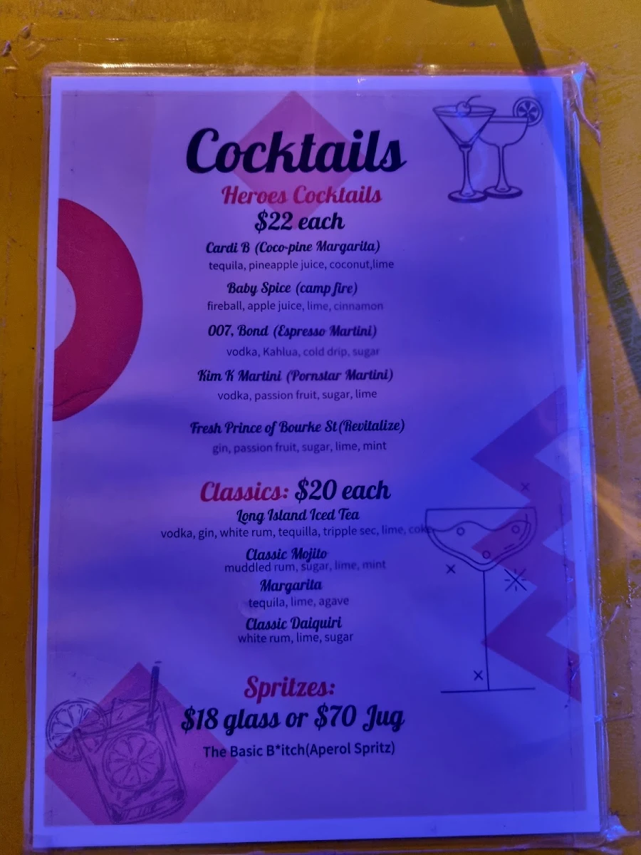 Menu, Heroes Bar Melbourne