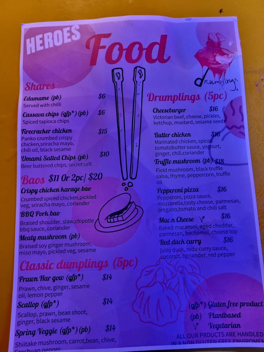 Menu, Heroes Bar Melbourne