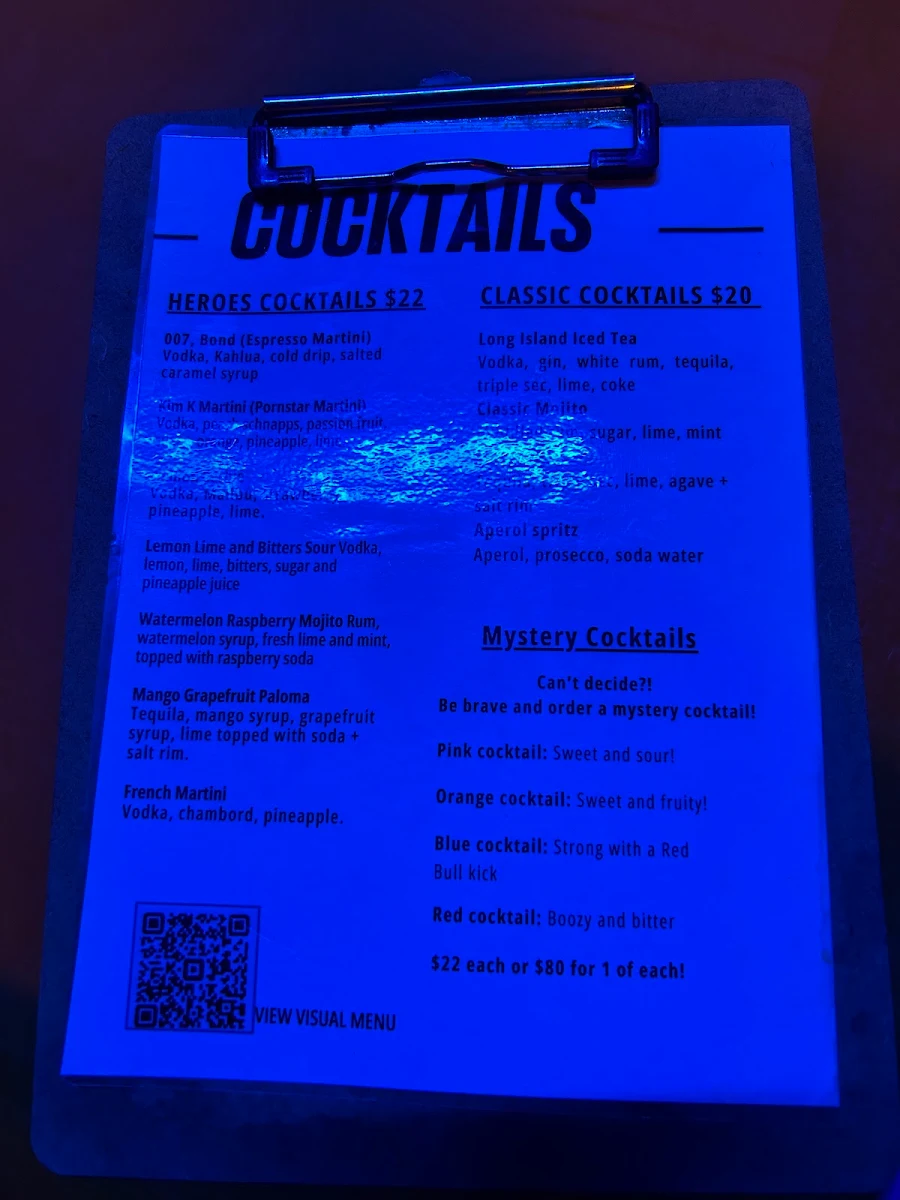 Menu, Heroes Bar Melbourne