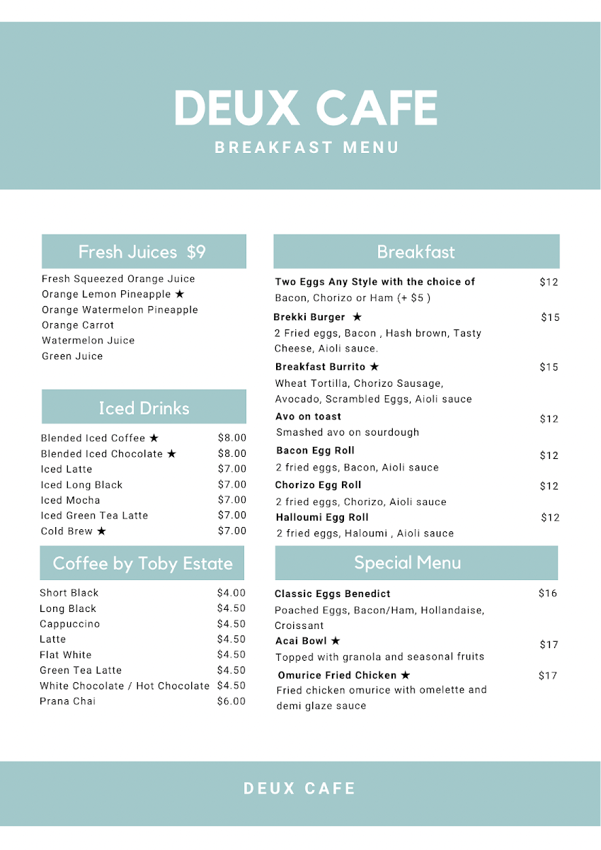 Menu, Deux Cafe