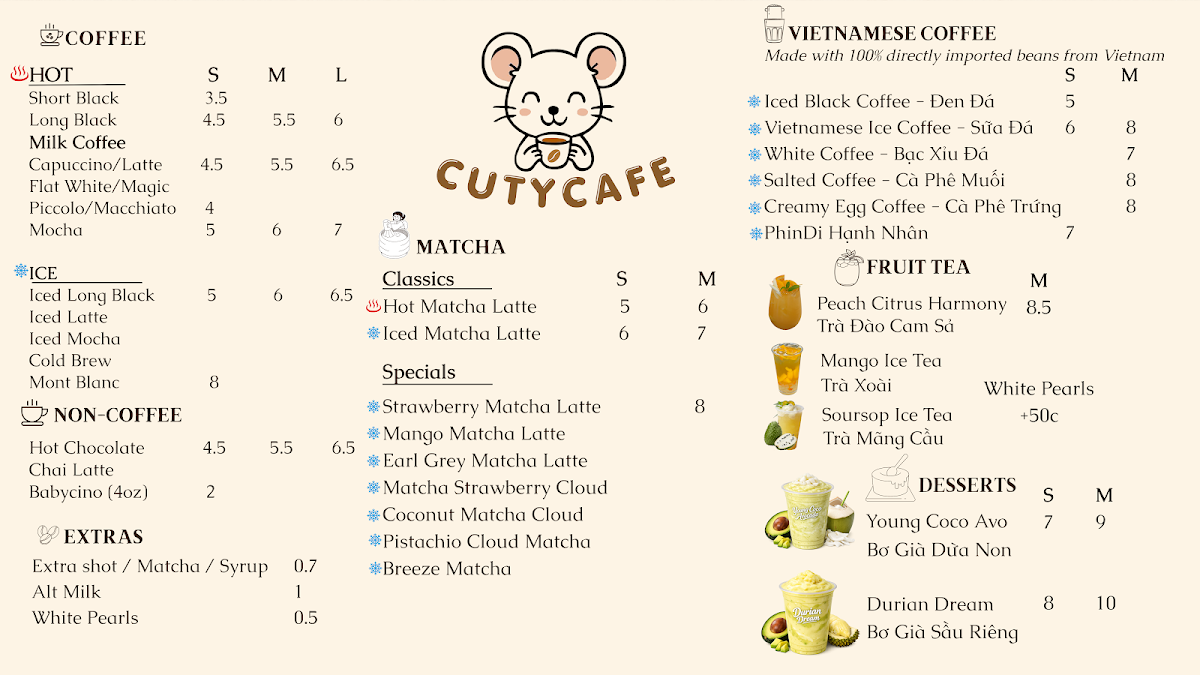 Menu, Cuty Cafe