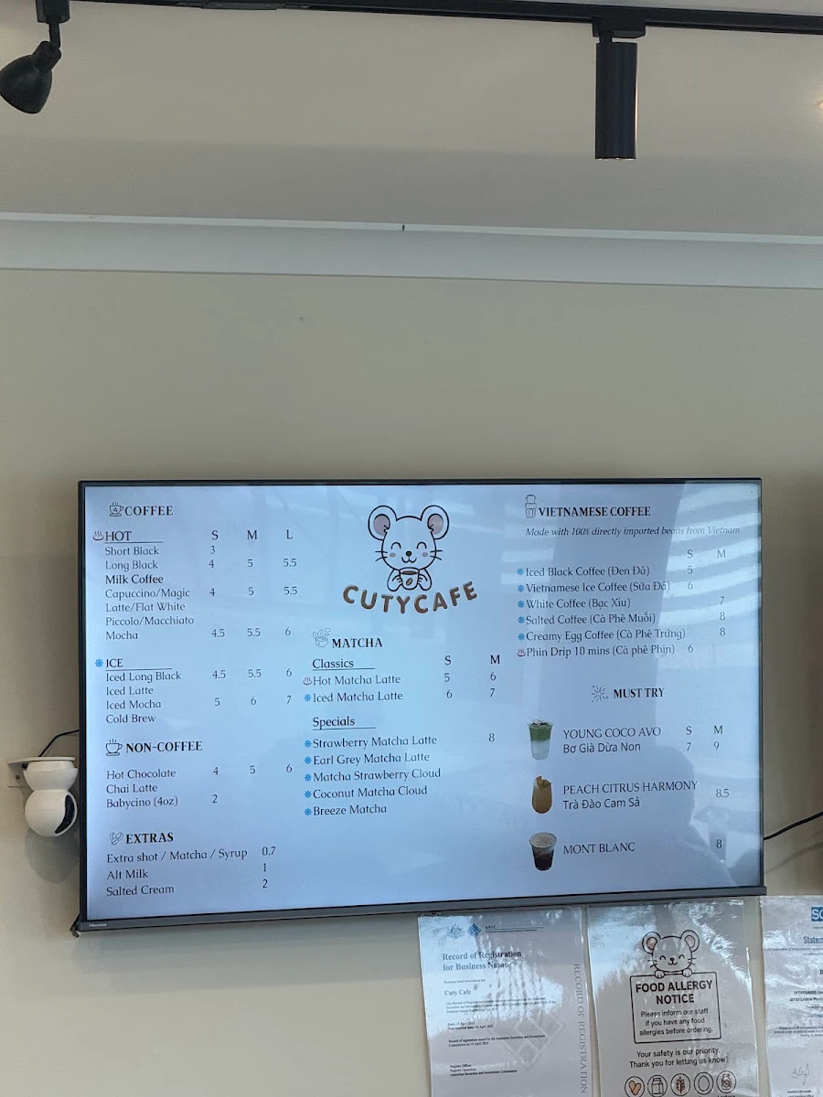 Menu, Cuty Cafe