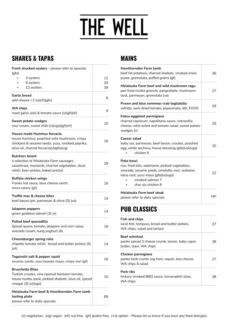 Menu, The Wellard