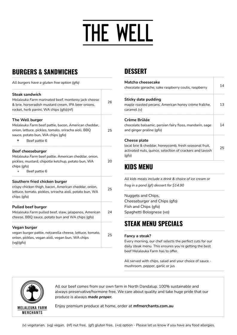 Menu, The Wellard