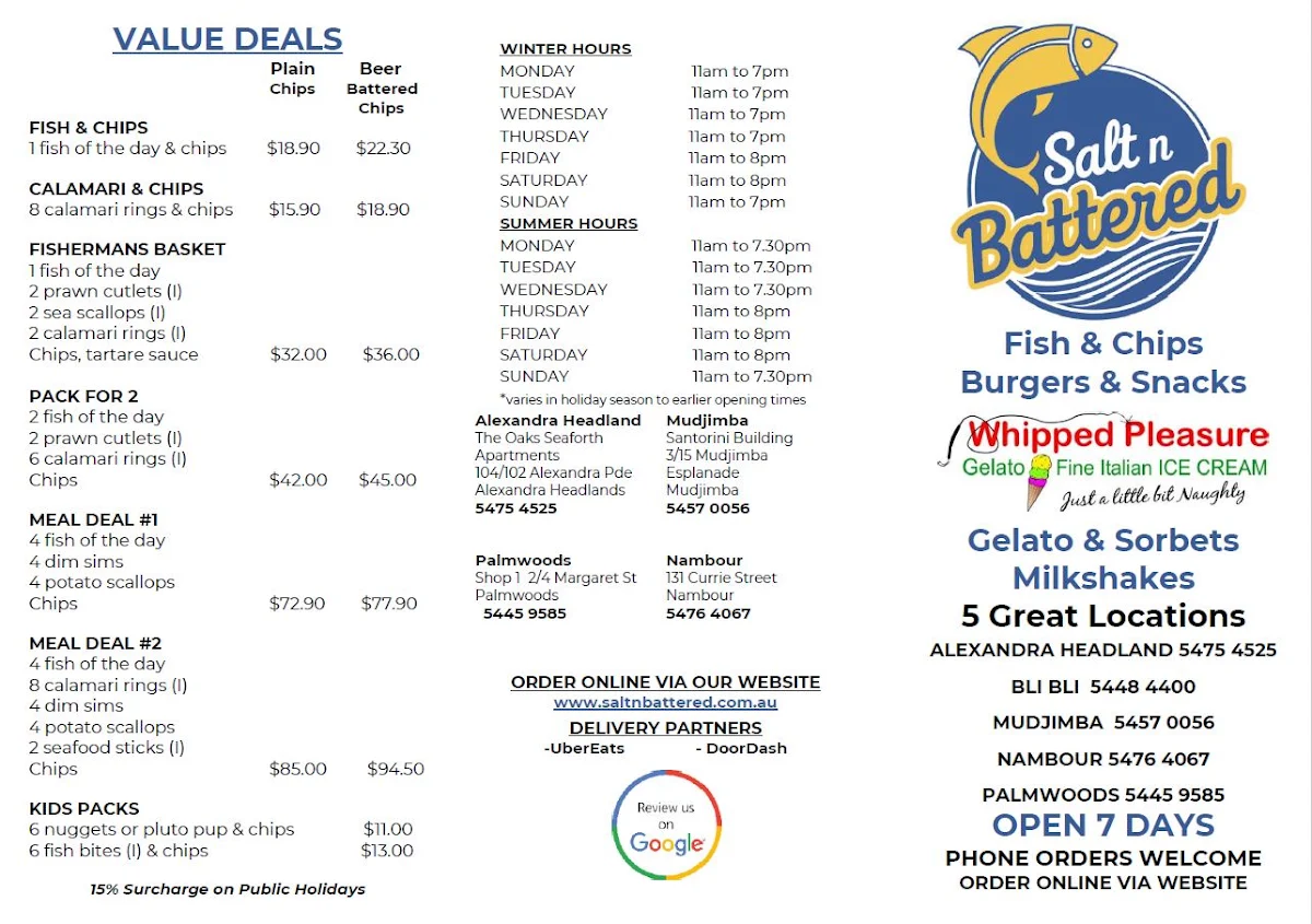 Menu, Salt 'n Battered on Alexandra Headland