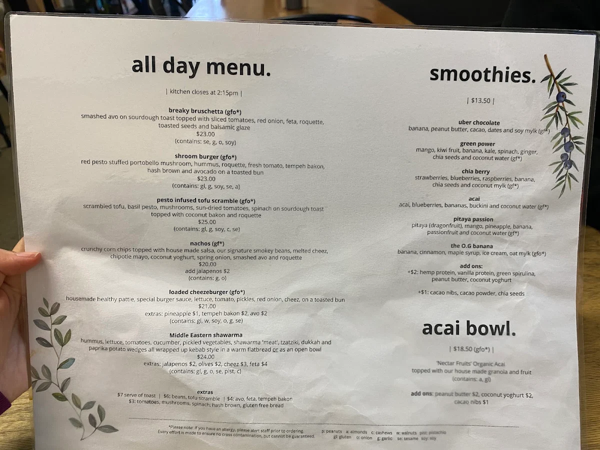Menu, Hunter Cafe