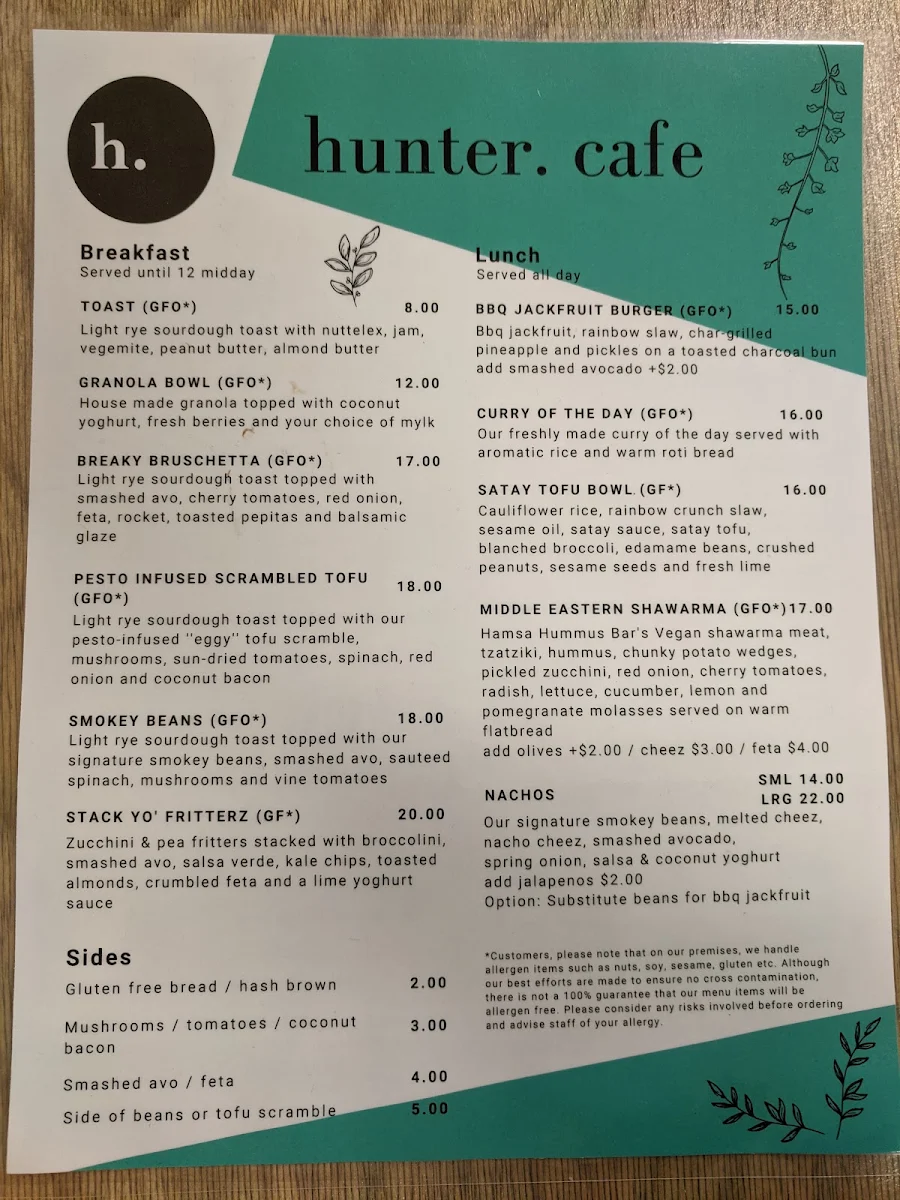 Menu, Hunter Cafe