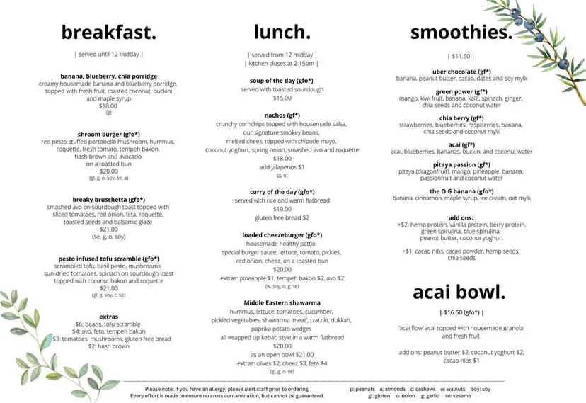 Menu, Hunter Cafe